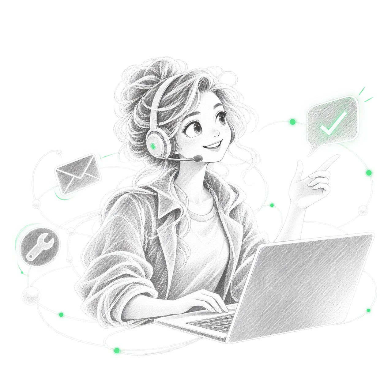 Weiße Fine-Line-Illustration einer Support-Agentin mit Headset und Laptop